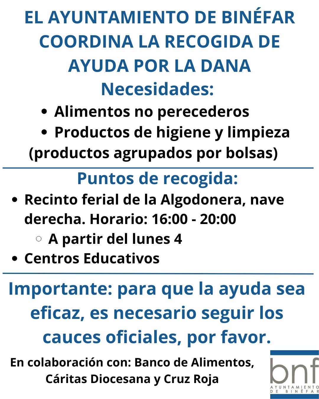 El Ayuntamiento de Binéfar coordina la recogida de ayuda para afectados por la DANA