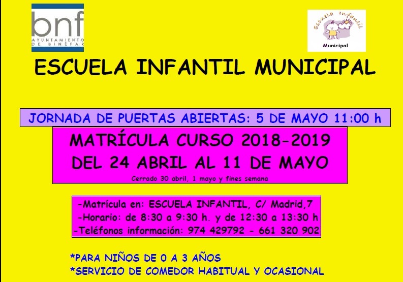 Abierta la matrícula en la Escuela Infantil Municipal