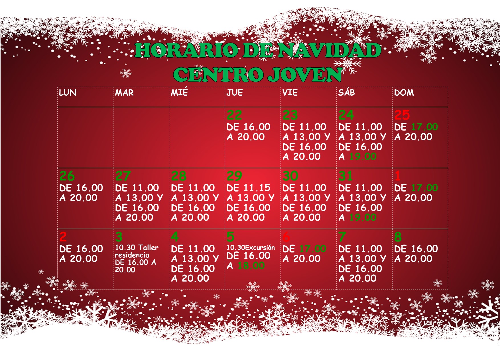 Horaio de Navidad en el centro joven