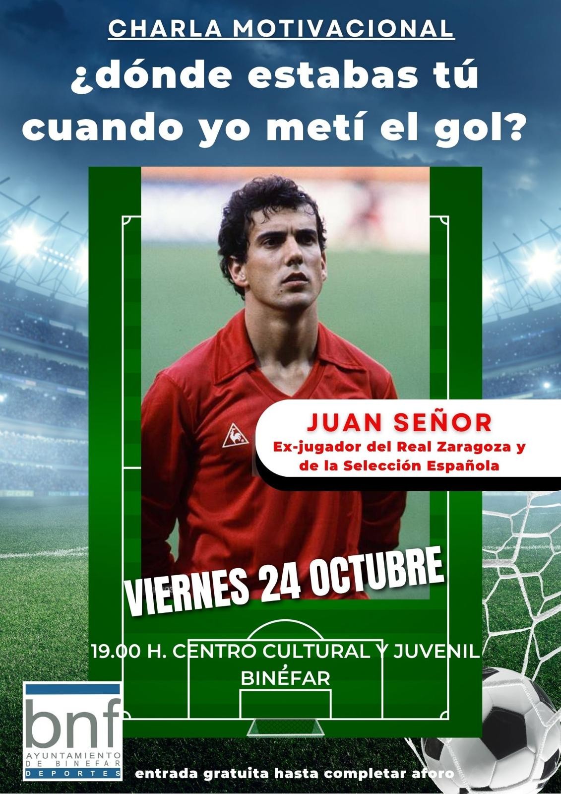 El ex futbolista de la Selección Española y del Real Zaragoza Juan Señor imparte una charla motivacional en Binéfar