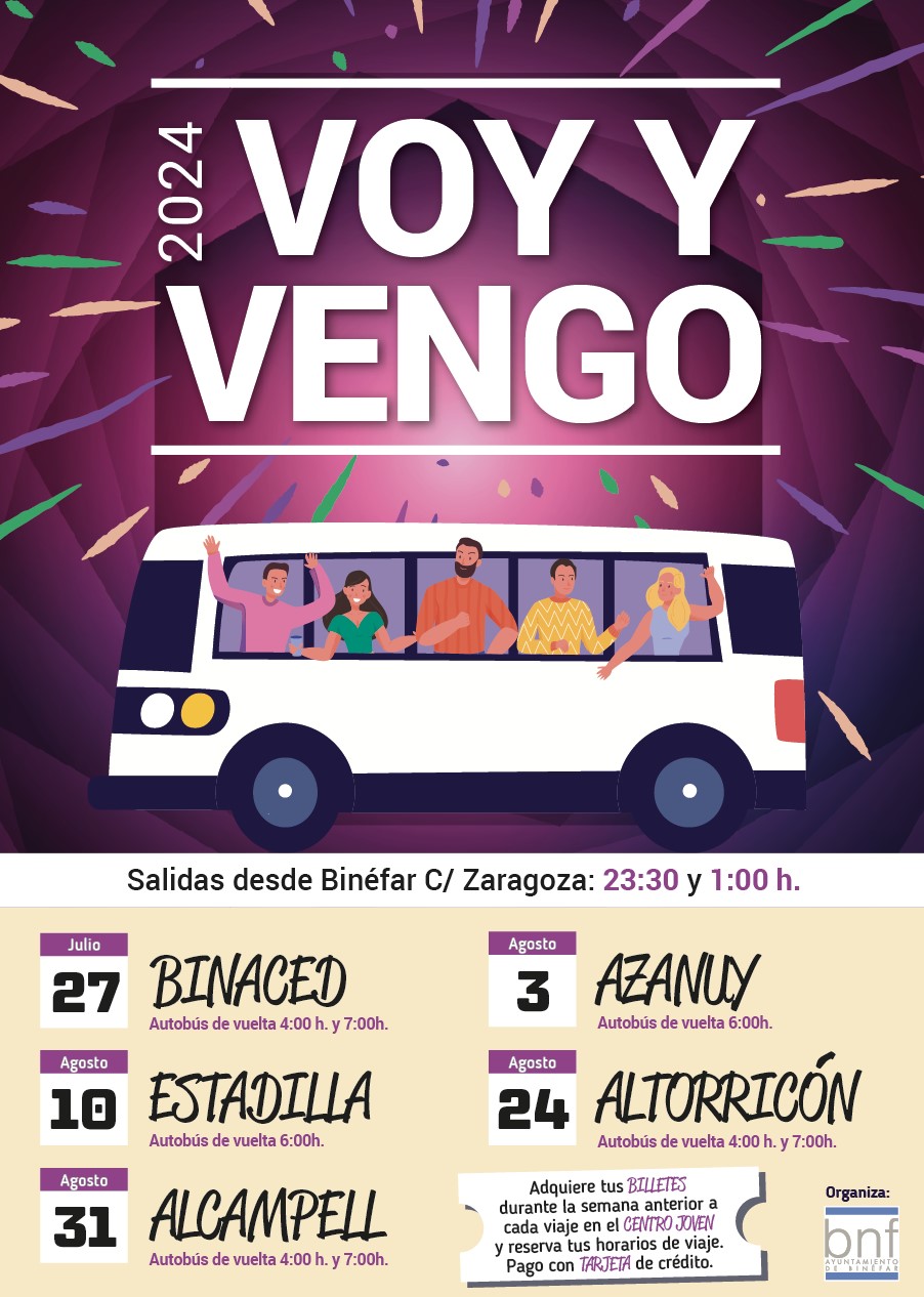 El autobús “Voy y Vengo” lleva a los jóvenes de Binéfar a las fiestas de Binaced, Azanuy, Estadilla, Altorricón y Alcampell