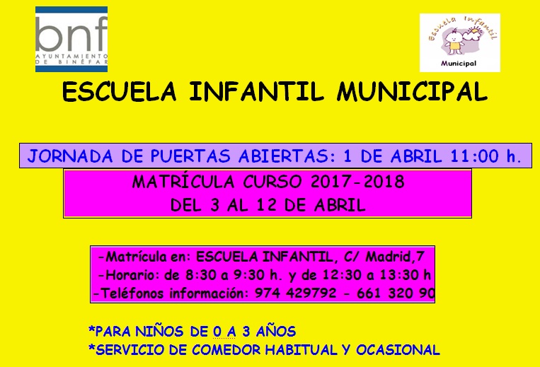 Jornada Puertas Abiertas y Matrícula Escuela Infantil